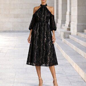 Alice + Olivia Ruthann Black Burnout Velvet Halter Long Sleeve Midi Dress 6